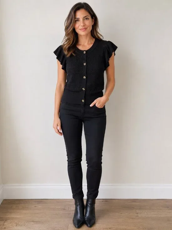 Who What Wear Black Ruffle Sleeve Knit Cardigan Top Size L