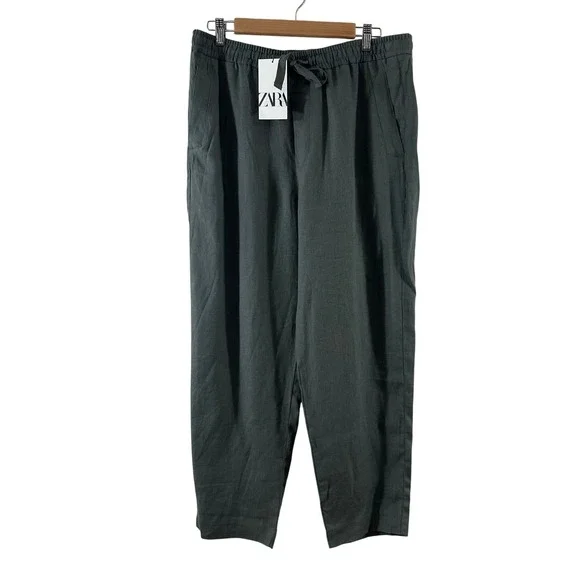 Zara Womens 100% Linen Pants Dark Grey Elastic Drawstring Straight Leg Large NEW