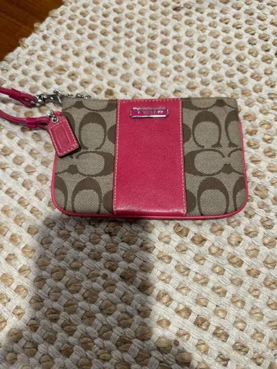 Coach Khaki Signature Wristlet Pink Leather Trim NWOT
