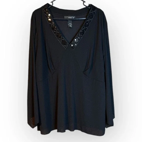 Womens 22/24 Black Lined Dark Romance Top Sequin V-neck‎ Office Siren Venezia