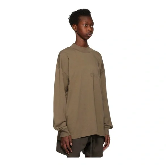 Fear of God ESSENTIALS Brown Flocked Long Sleeve T-Shirt in Wood