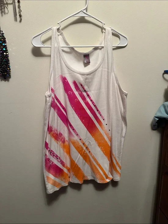 Lane Bryant White Tank with Pink and Orange Diagonal Stripes