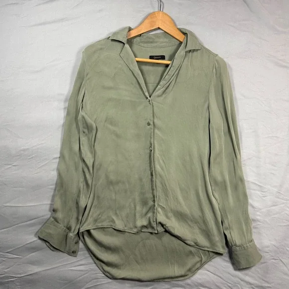Quince Washable Stretch Silk Notch Collar Blouse Moss Green Womens S Luxury