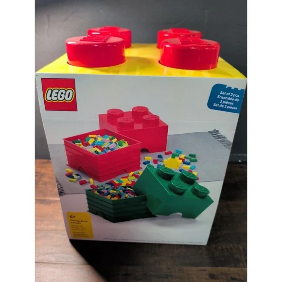 LEGO Storage Brick Box 4 Knobs Set of 2 Drawers Red & Green Pieces New