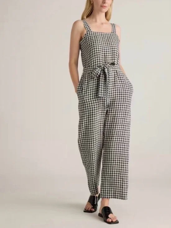 Title: Quince 100% European Linen Square Neck Gingham Jumpsuit  Size Medium