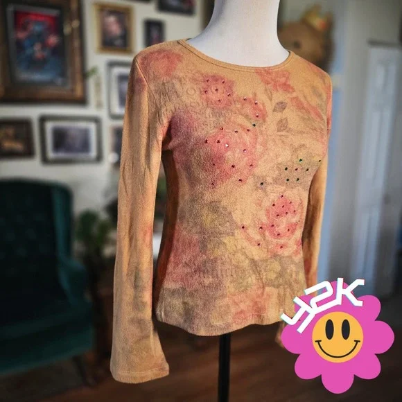213 Floral Long Sleeve Top Tan Pink Rhinestone Vintage Y2K‎ Fairycore Grunge S