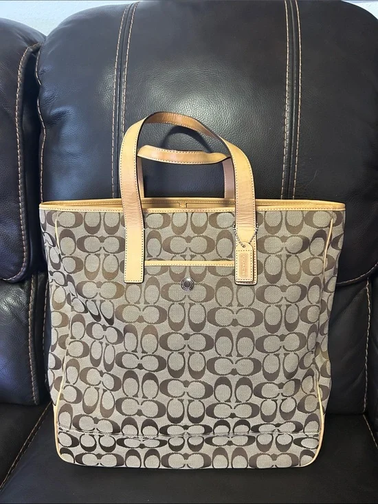 Coach Brown Signature Canvas Tote with Tan Leather Trim