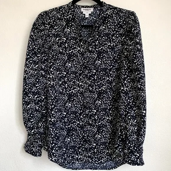 Express‎ Portofino Slim Fit Puff Sleeve Shirt in Black/Blue