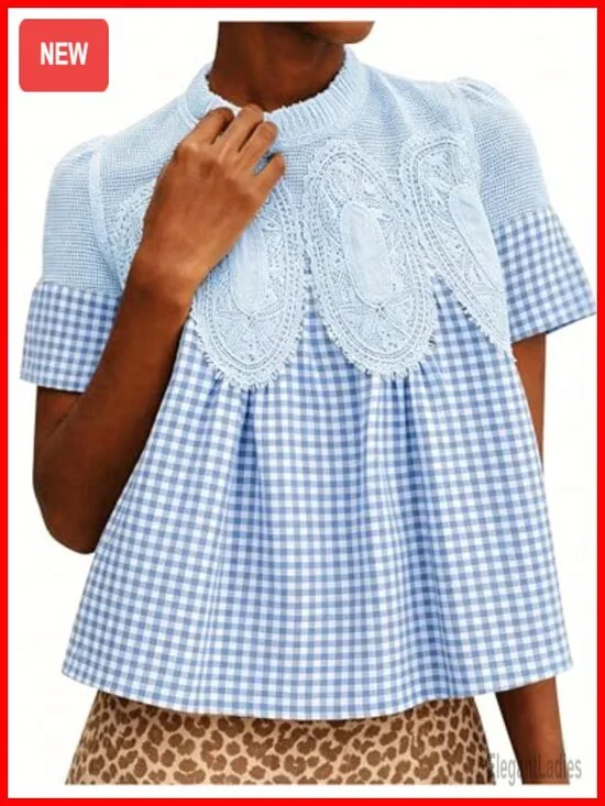 Plaid Lace Short Sleeve Blouse Poplin Mesh Crew Neck Swing Babydoll Top