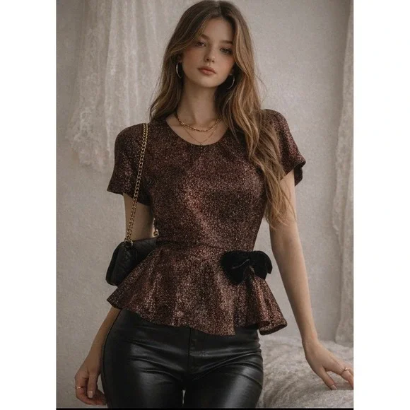 Vintage Handmade‎ Metallic Brown Peplum Top Open Back Party Top Retro Glam
