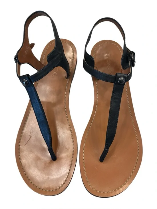 Coach Black T-Strap Leather Sandals with Tan Footbed