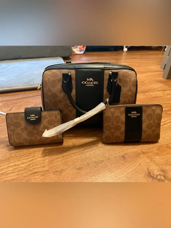Rare Coach Brown & Black Signature Satchel with Matching Wallets