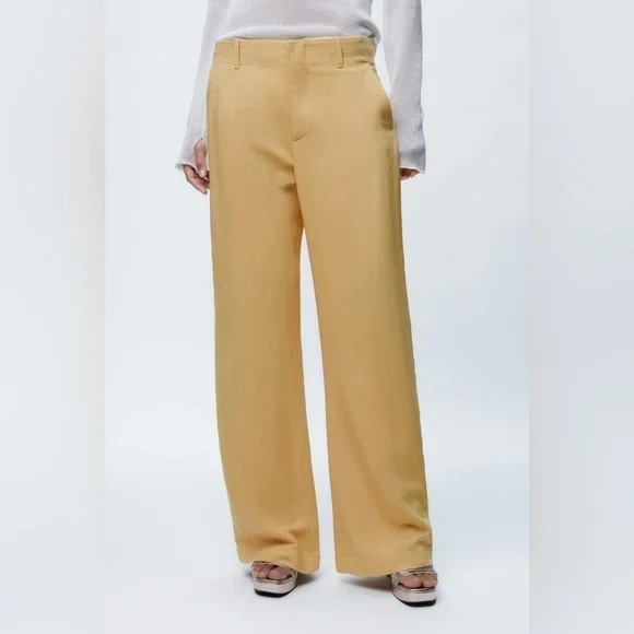 Zara Women Yellow Mid Rise Wide Leg Blend Limited Edition Formal‎ Pants Sz M