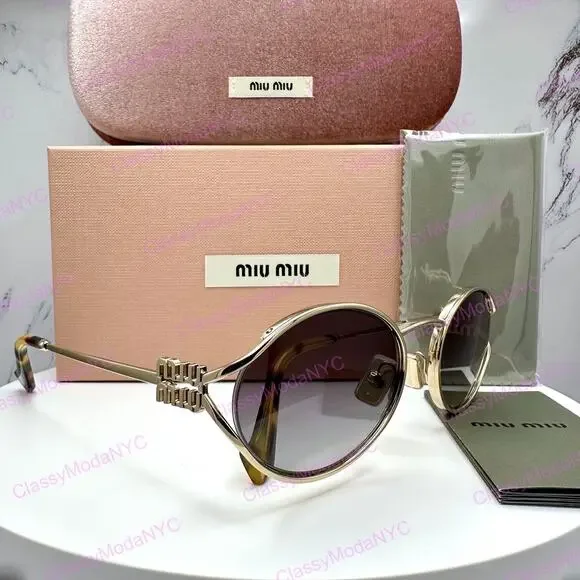 New MIU MIU Sunglasses Gold Metal Slim Frame Oval 100% Authentic Italy Gray Lens