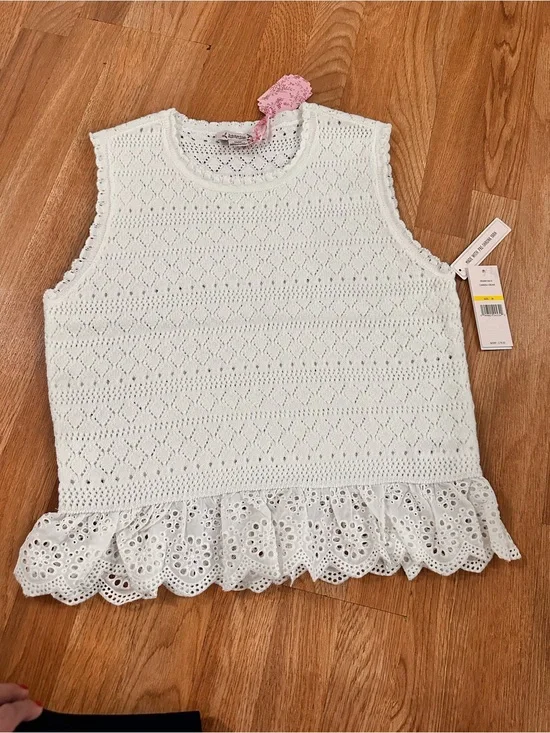Nanette Lepore White Crochet Knit Tank with Eyelet Ruffle Hem
