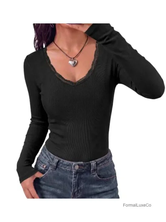 Lace Deep V Neck Long Sleeve Slim Fit Top Going Out Night Out Fall Layering
