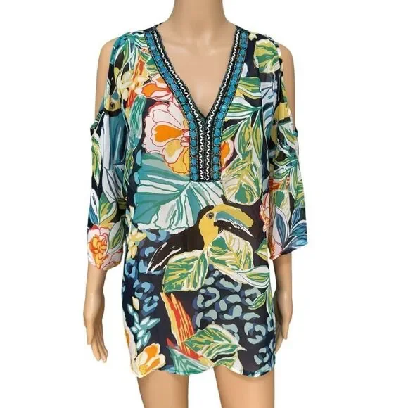 Melissa Paige Tropical Beaded Cold Shoulder Tunic blouse womens Toucan Bird Sz M