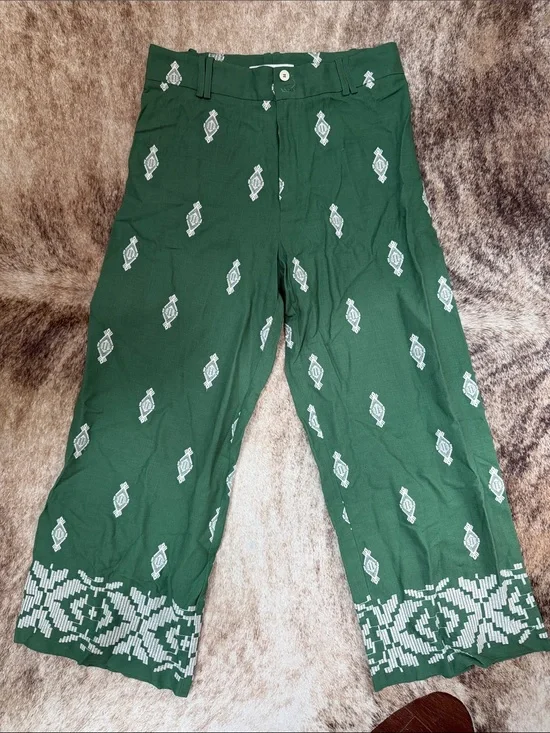 Zara Green Linen-Texture Trousers with White Trim