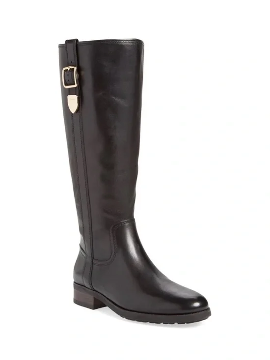 Coach Easton Black Calf Leather Tall Riding Boots Sz 9 Gold Accented Logo Buckle
