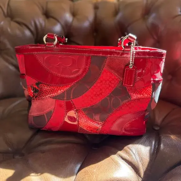 Coach Patchwork Gallery Tote Red Signature Multi-Material Bag F14004