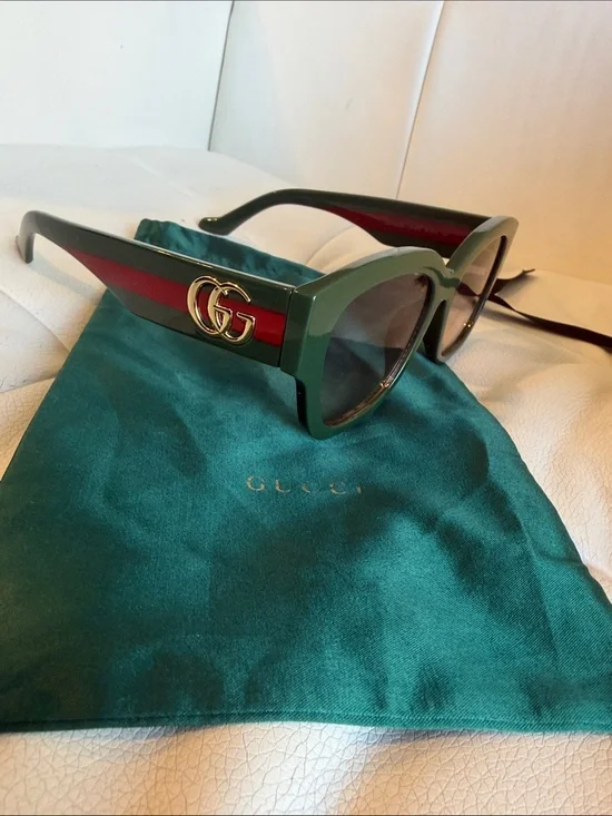 Gucci Green Frame with Red Stripe and Gold GG  Sunglasses