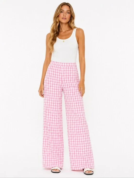 Zara Pink White Gingham Wide Leg Linen Blend Pants Women's Large