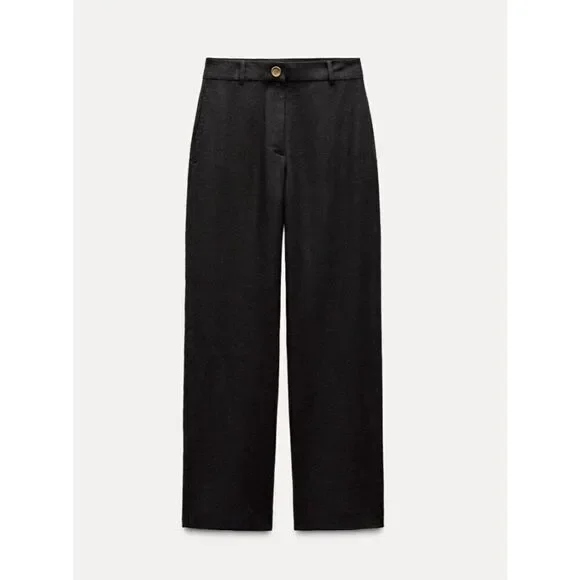 Zara Women Dress Pants Size S Black Wide Leg Linen Blend Flat Front 8017/369 NWT