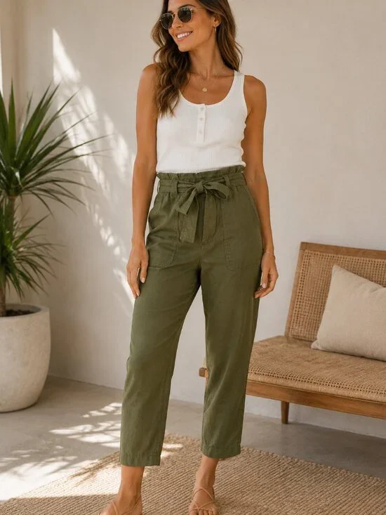 Banana Republic Green Linen Blend High-Waist Paper Bag Trousers Pants Size 0