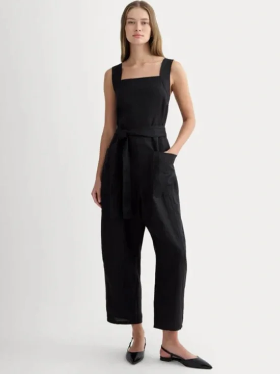 100% Linen Everlane black wide leg romper jumpsuit.3 pocket.Size 14