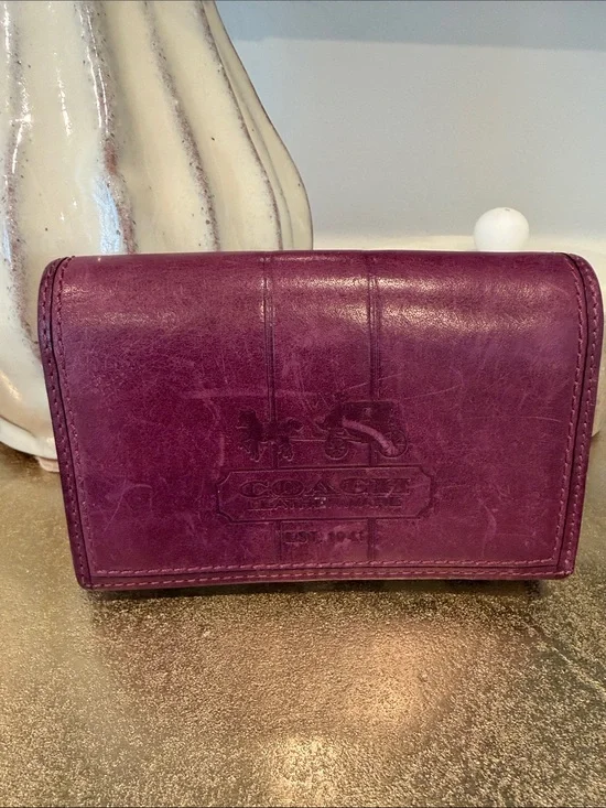 Vintage Coach Bleeker Signature Compact Clutch Wallet  Khaki/Boysenberry