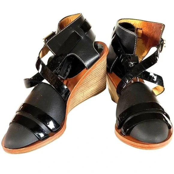 Coach Black Leather Patent Wedge Sandals Ankle Strap 3