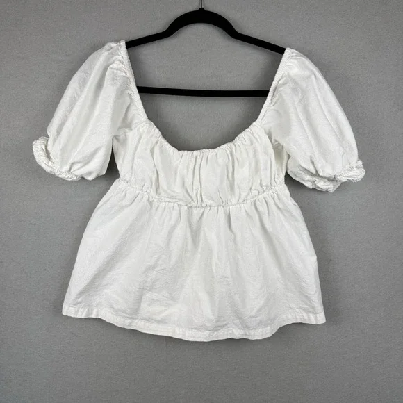 Free‎ People White Cotton Puff Sleeve Tie Back Milkmaid Peplum Blouse XS