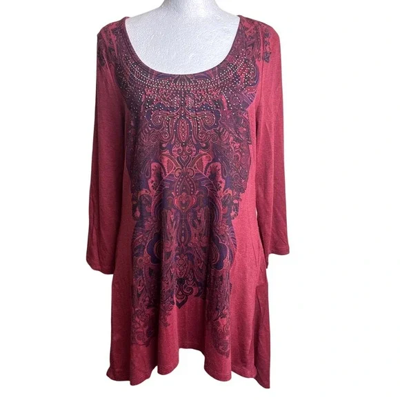 One World Paisley Tunic Top M‎ Red Whimsigoth Fairy Boho Drop Waist Blouse