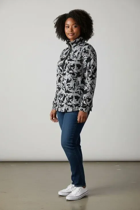 A3 NWOT SOFT SURROUNDINGS Winona Black & Gray Leaf Half Zip Pullover Top Size L