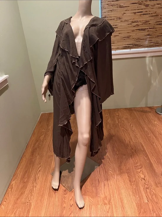 Brown Ruffled Duster Cover-Up Waterfall front Size L