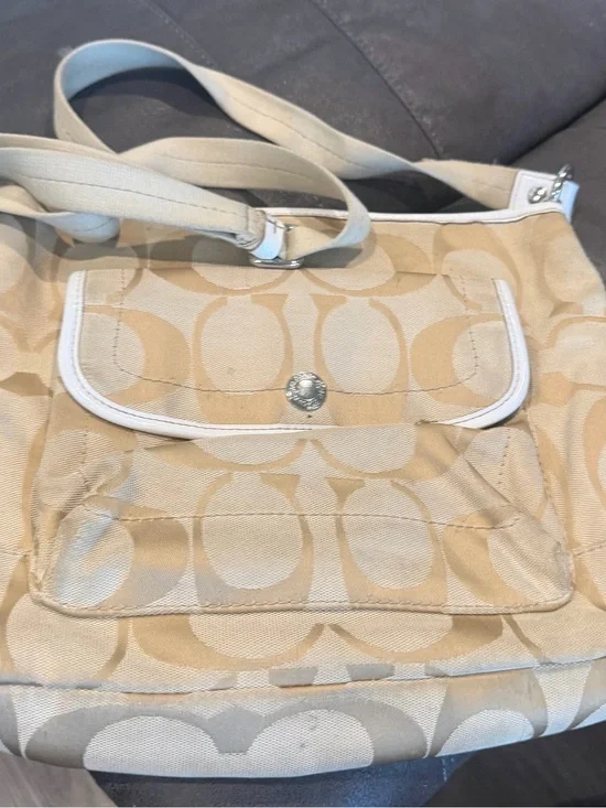 Coach Beige Signature Canvas Shoulder Bag with White Trim