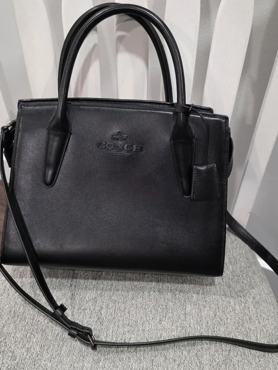 COACH Black Leather Structured Satchel with Crossbody Strap