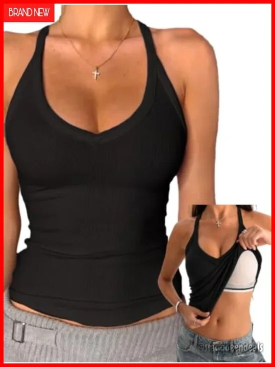 V Neck Cotton Tank Tops with Built-in Shelf Bra Sleeveless Racerback Fitted Cami