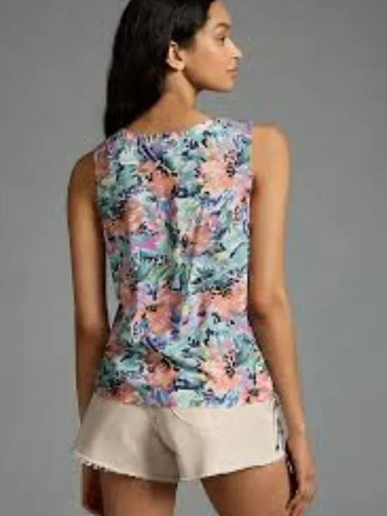 Cloth & Stone Watercolor Floral Drawstring Ruched Tank Top Rayon Size M