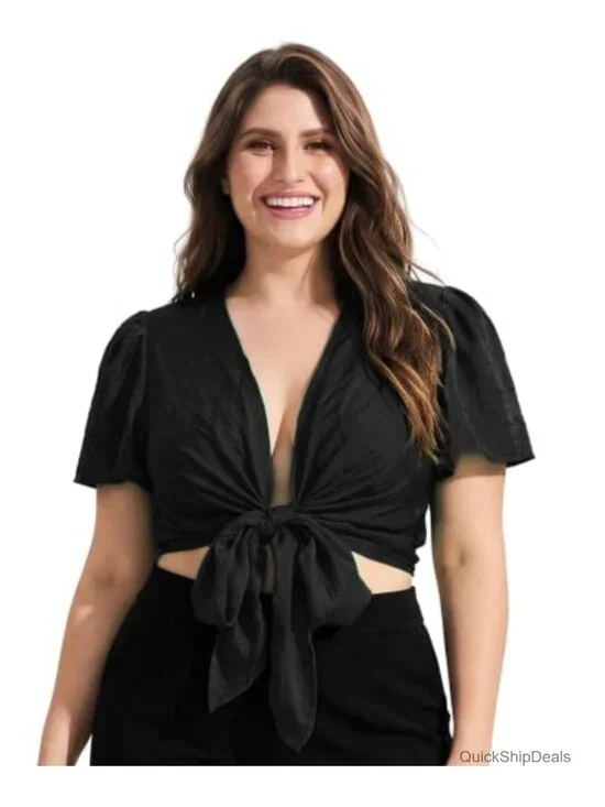Plus Size Tie Front Crop Top Deep V Neck Puff Sleeve Lyocell Nylon Blouse