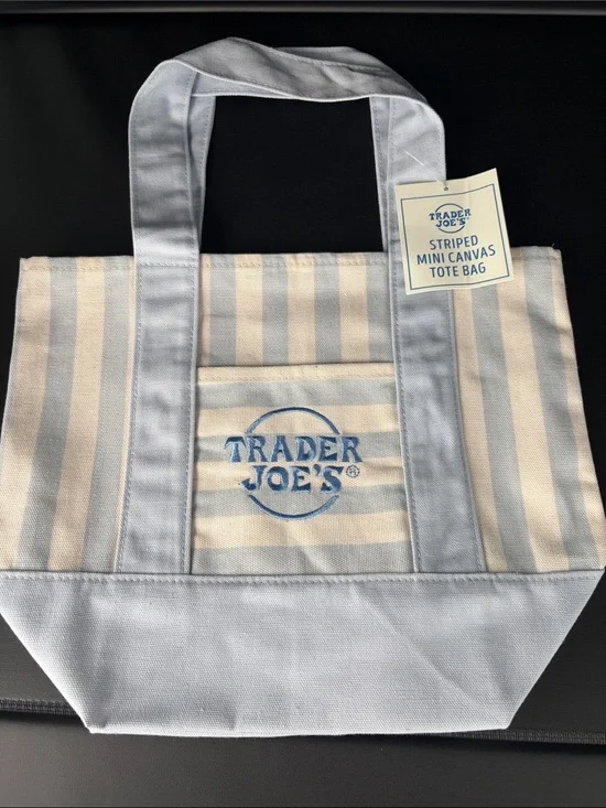 TRADER JOE NWT Blue & Cream Striped Mini Canvas Tote Bag