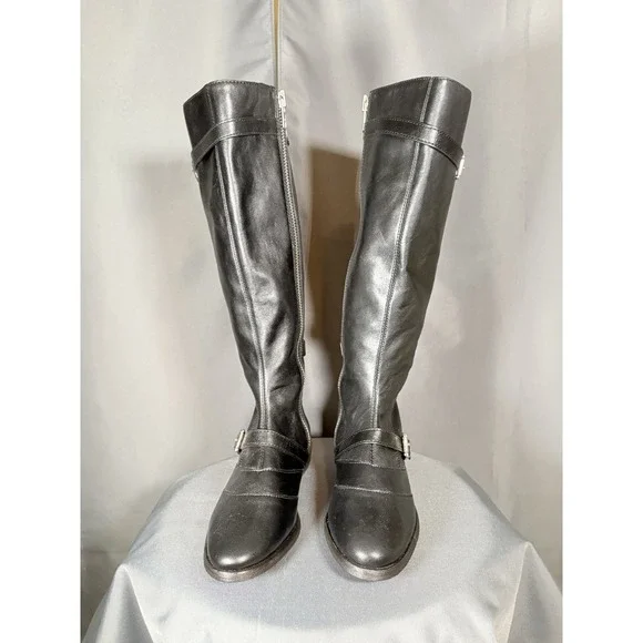 COACH Micha Black Leather Riding Boots Knee High Buckle Straps Size 8 B EUC