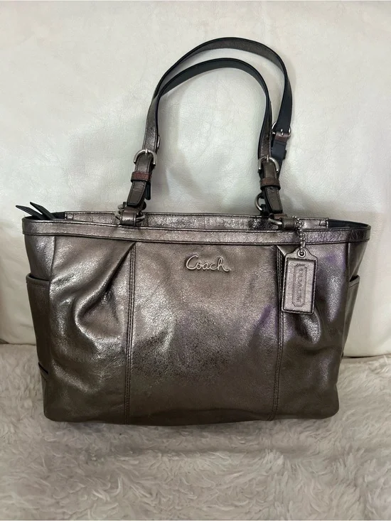 Coach Gallery Tote Metallic Pewter Leather Shoulder Bag F17721 East West