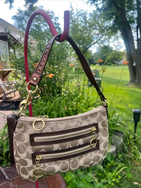 Coach Beige and Brown Signature Mini Shoulder Bag with Gold Hardware