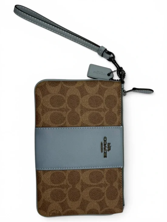 COACH Brown Signature Canvas Wallet with Blue Leather Center