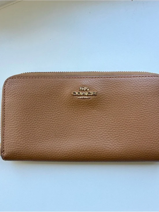 Coach Brown Pebbled Leather Zip Wallet with Gold Logo