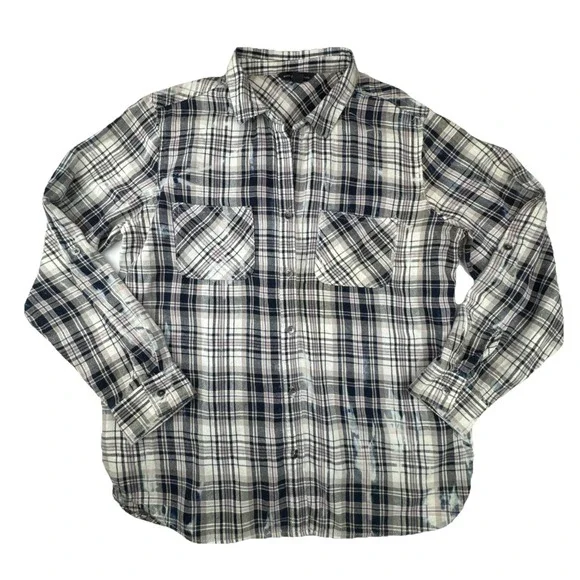 Distressed‎ Bleached Plaid Button Down Shirt Rock & Republic Purple Black Large