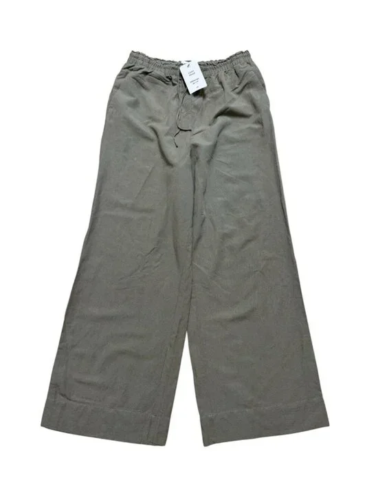 H&M Linen Blend Wide Leg Pants Olive Elastic Waist NWT Size M