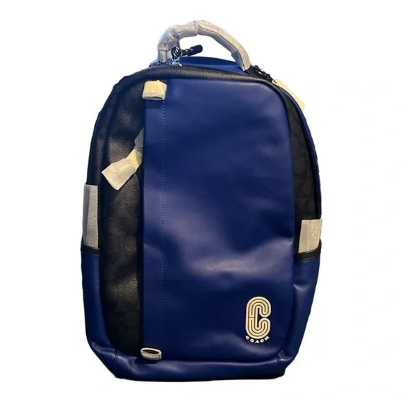 COACH EDGE UNISEX BACKPACK IN COLORBLOCK BLUE AND BLACK CANVAS AND LEATHER NWT