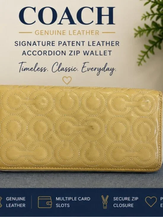 Coach Ivory Patent Leather Signature Accordion Zip Wallet Zip Around